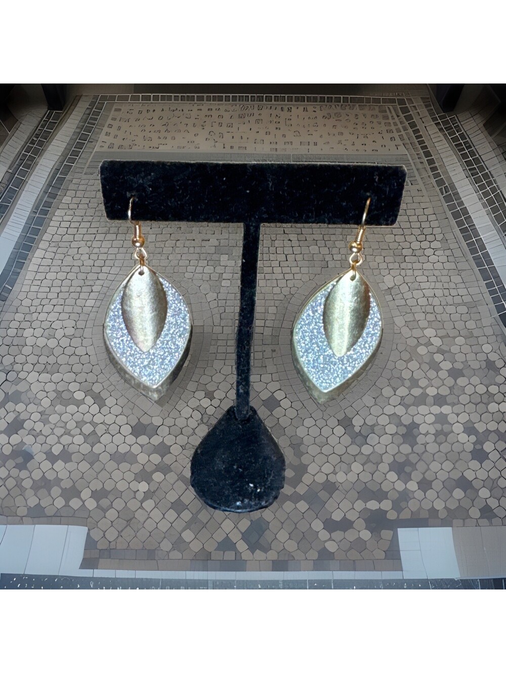 Vintage Glitter Gold Tone Metal Dangle Earrings 3 inch